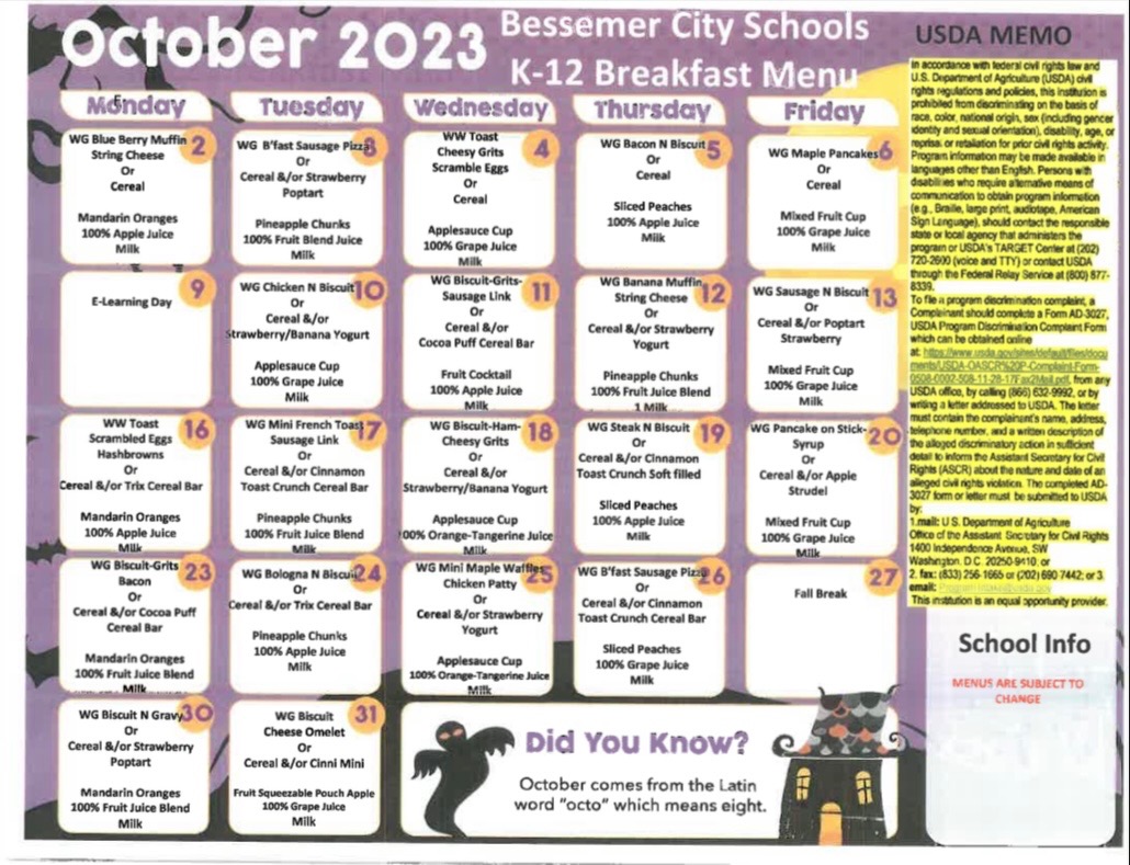 K-12 Breakfast Menu