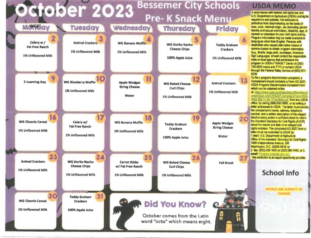 Pre-K Snack Menu